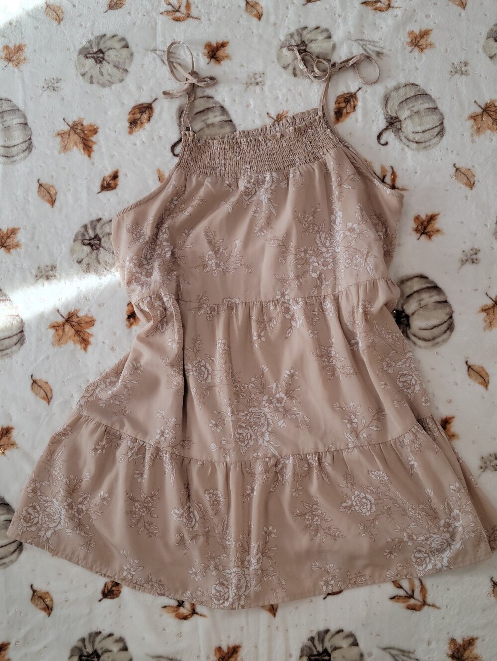 Forever 21 Floral Mini Dress Women's Large Beige Pink Babydoll Sundress Adjustab